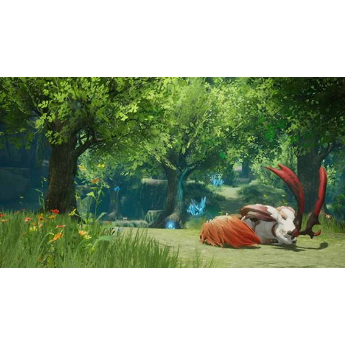 Una scena di gioco con alberi, erba e una creatura sdraiata. La scena è luminosa e colorata.