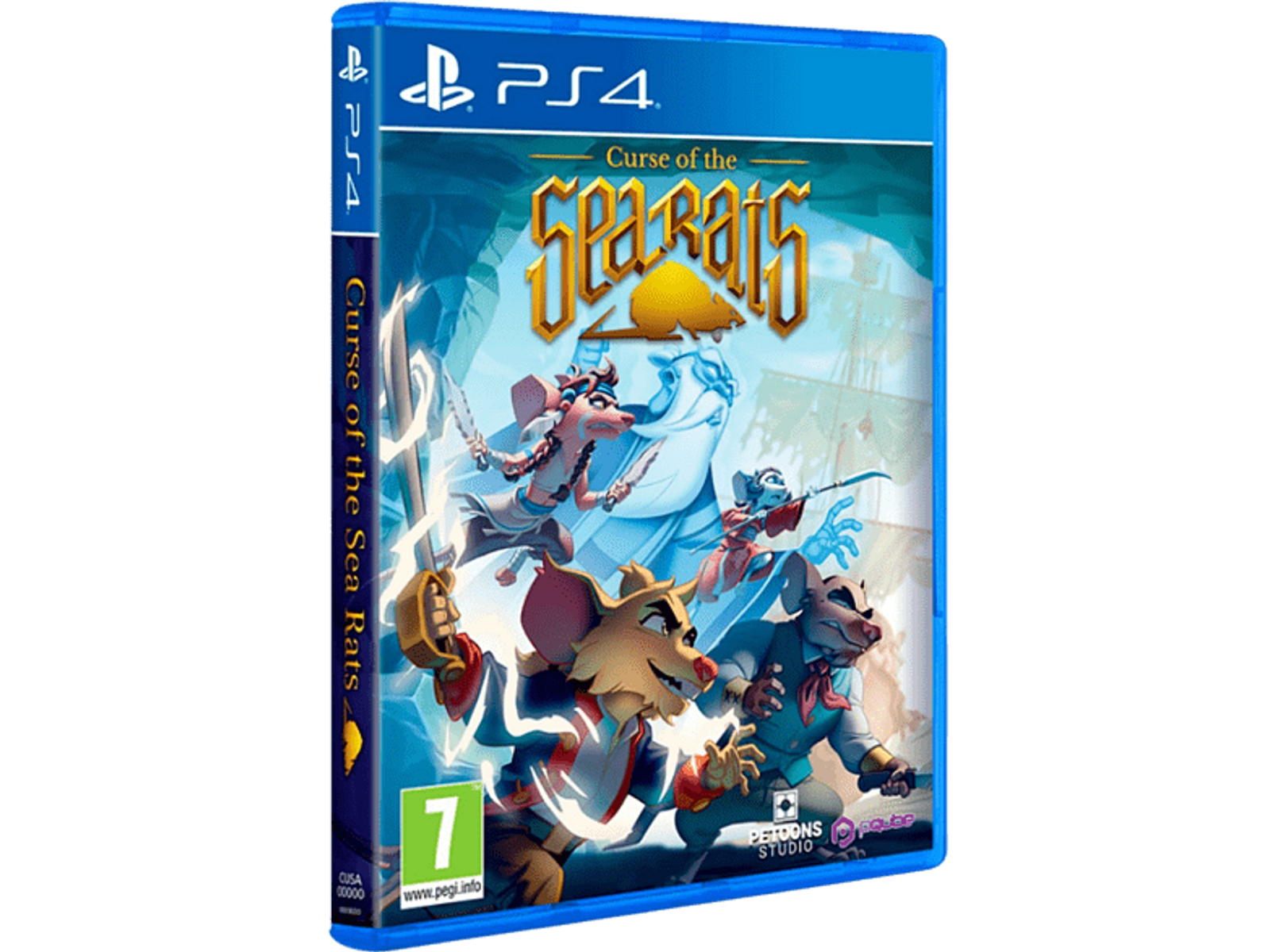 Artwork della confezione di gioco per Curse of the Sea Rats su PS4. Presenta personaggi di ratti con spade e una donna.
