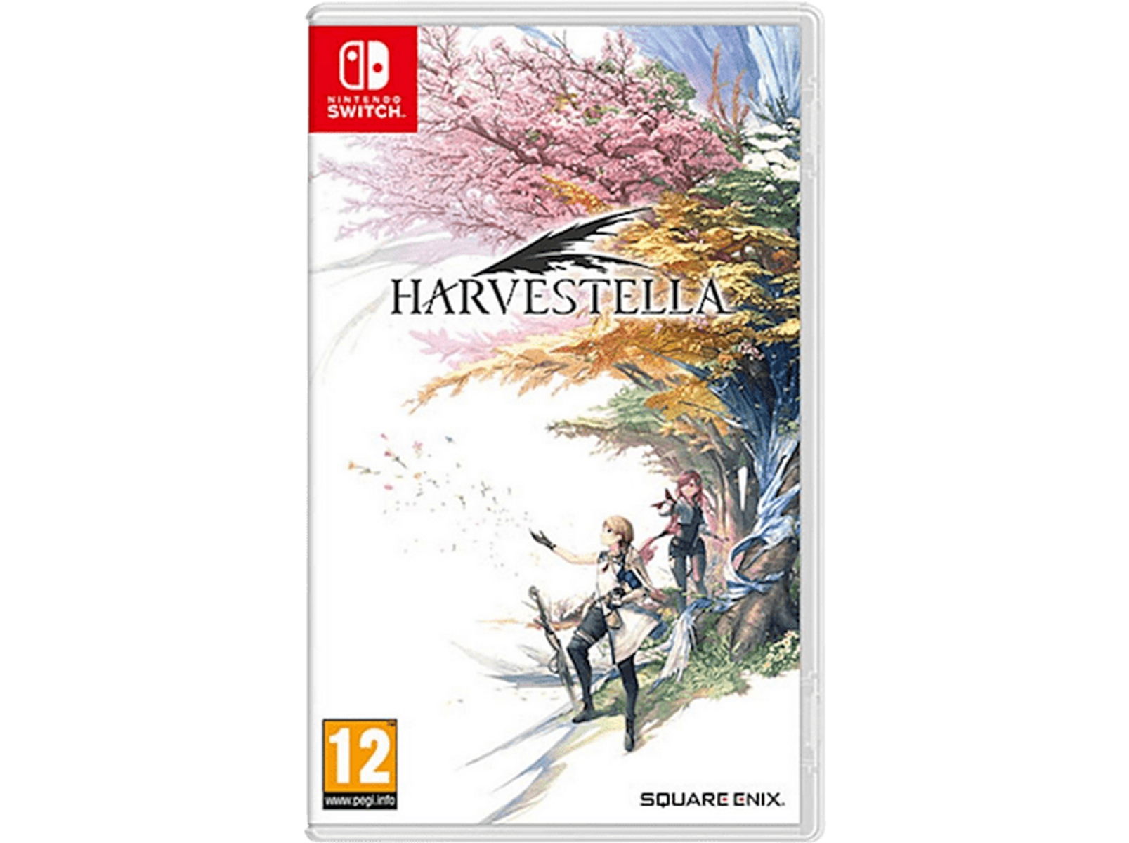 Copertina del gioco Nintendo Switch 'Harvestella'. Presenta due personaggi in un campo con alberi.