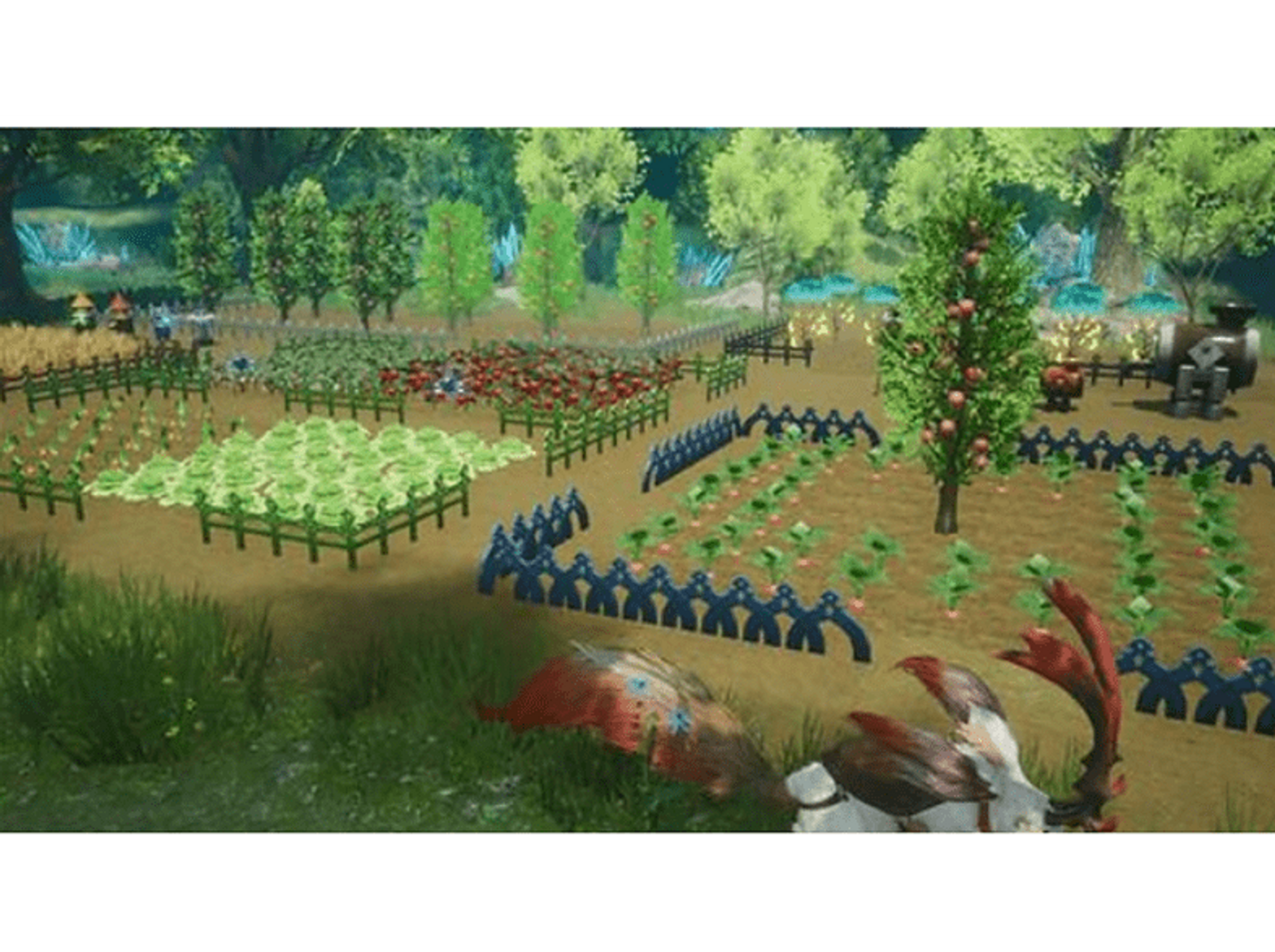 Scena di gioco: fattoria, colture, alberi, spaventapasseri, recinzioni verdi e blu.
