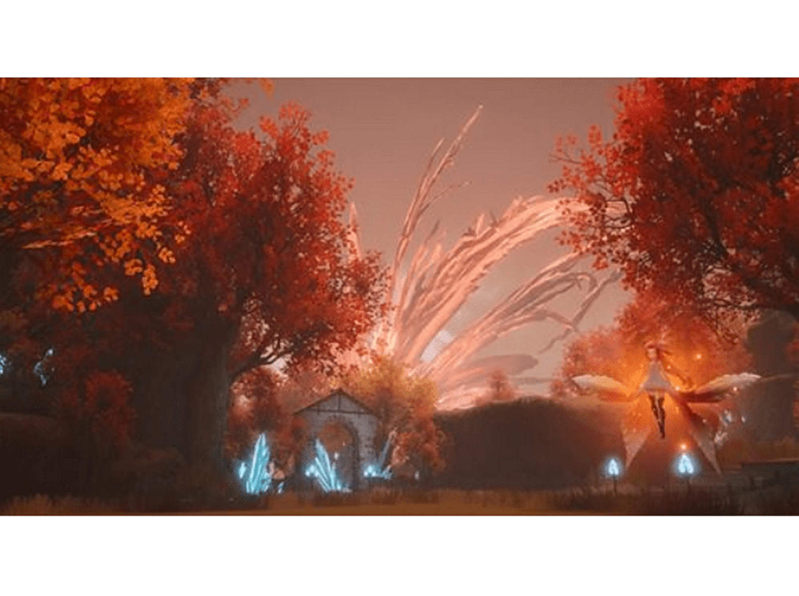 Un paesaggio con alberi arancioni, un arco bianco e una figura alata in un'ambientazione fantasy.