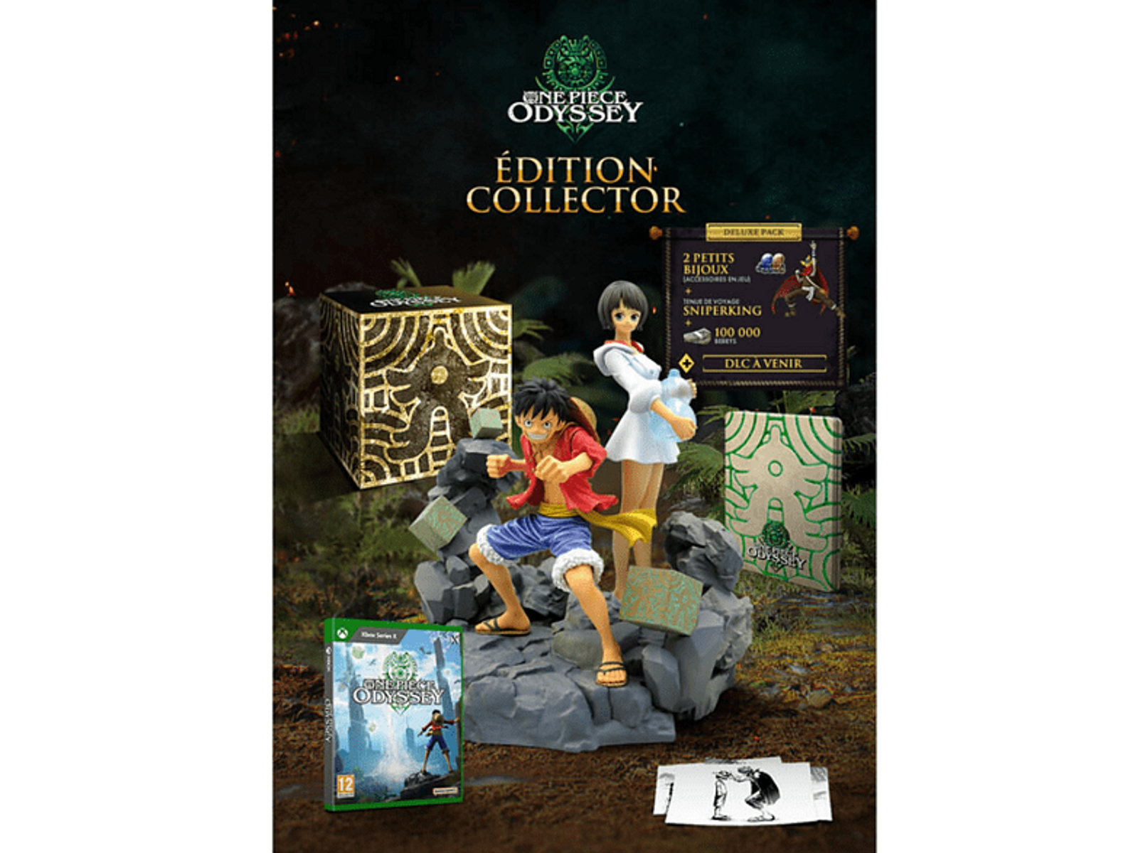 Pudełko i figurki One Piece Odyssey Collector's Edition. Luffy i kobieta stoją na skałach.
