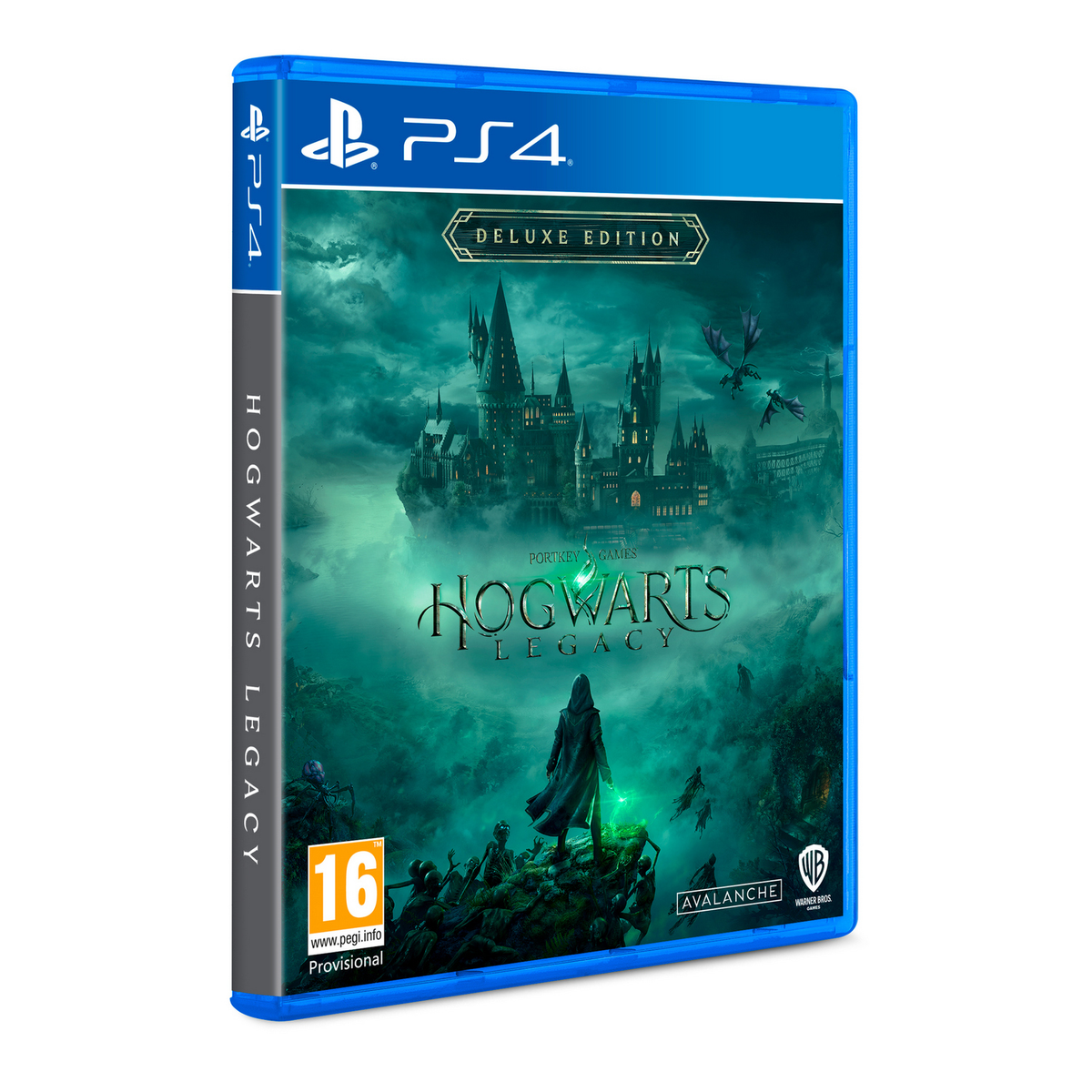 Caja del juego PS4 de Hogwarts Legacy, con texto del título y personajes.