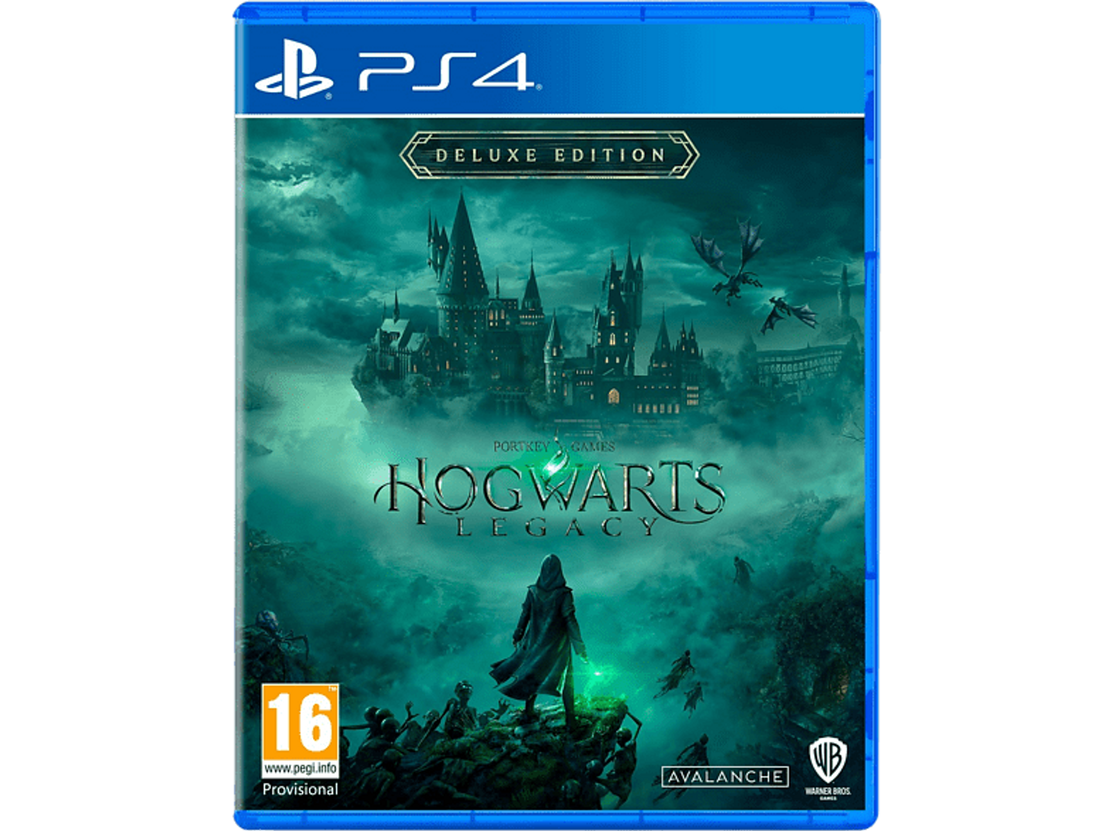 Portada del juego PS4: Hogwarts Legacy, una persona con capa frente al castillo de Hogwarts.