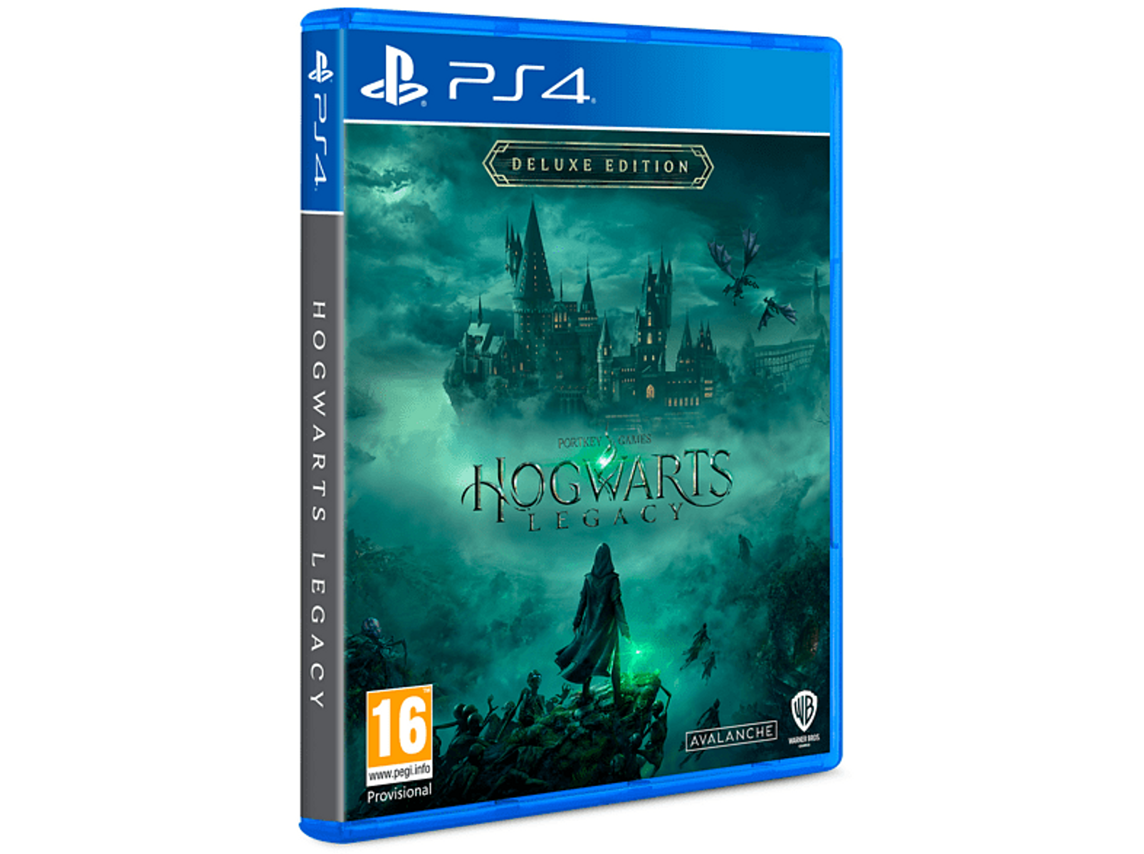 La portada de Hogwarts Legacy Deluxe Edition muestra una figura con capa caminando hacia un castillo, con murciélagos volando.