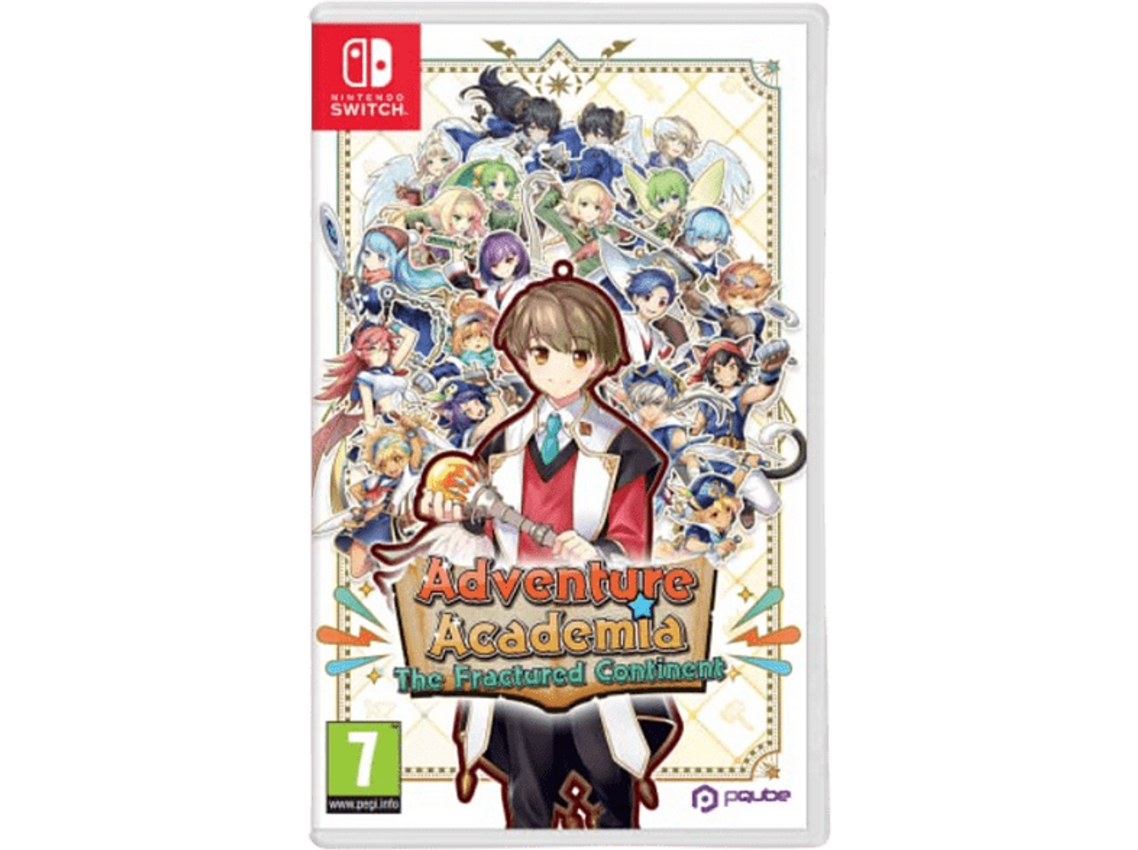 Scatola del gioco 'Adventure Academia'. Presenta personaggi in stile anime con una figura maschile centrale.