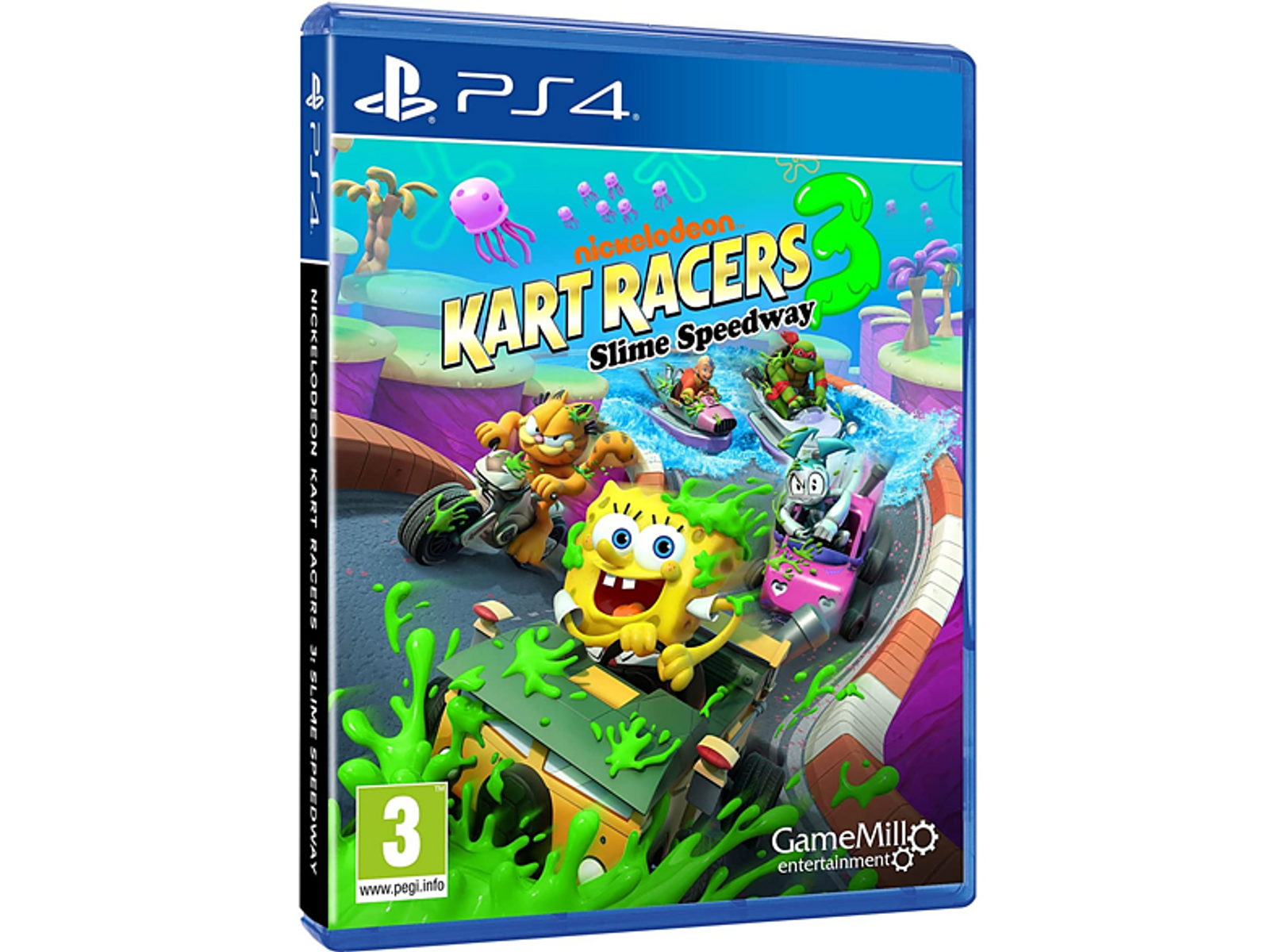 Nickelodeon Kart Racers 3 oyun kutusu. SüngerBob ve diğer çizgi film karakterleri pistte yarışıyor.