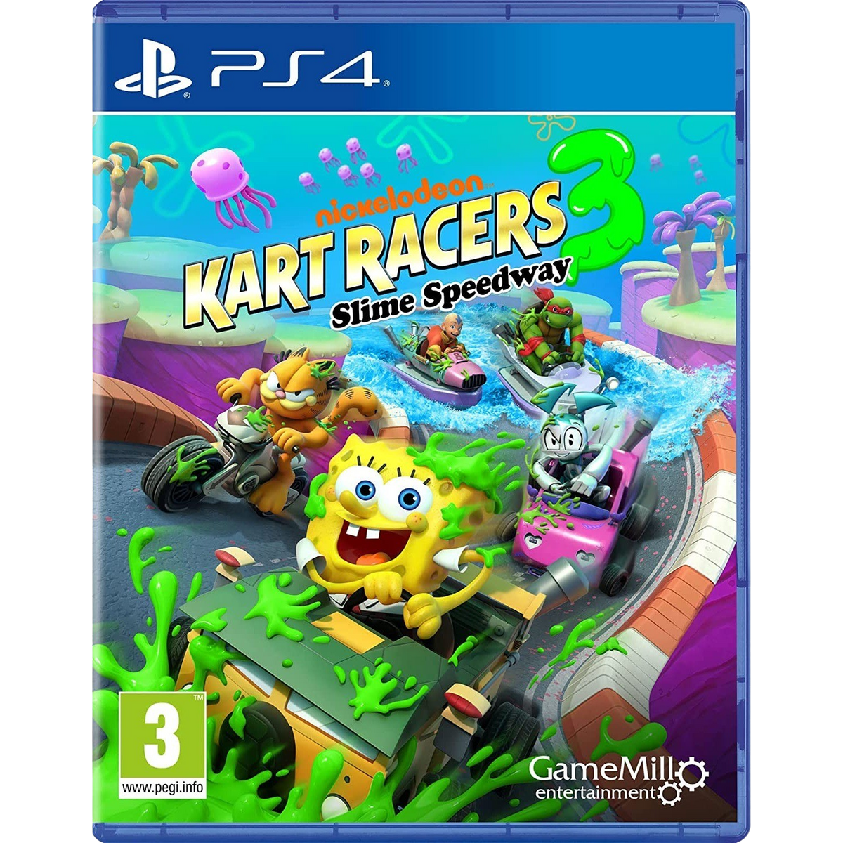 Oyun kutusu resmi: Nickelodeon Kart Racers 3. Karakterler karting yapıyor. Kutu PS4 için.