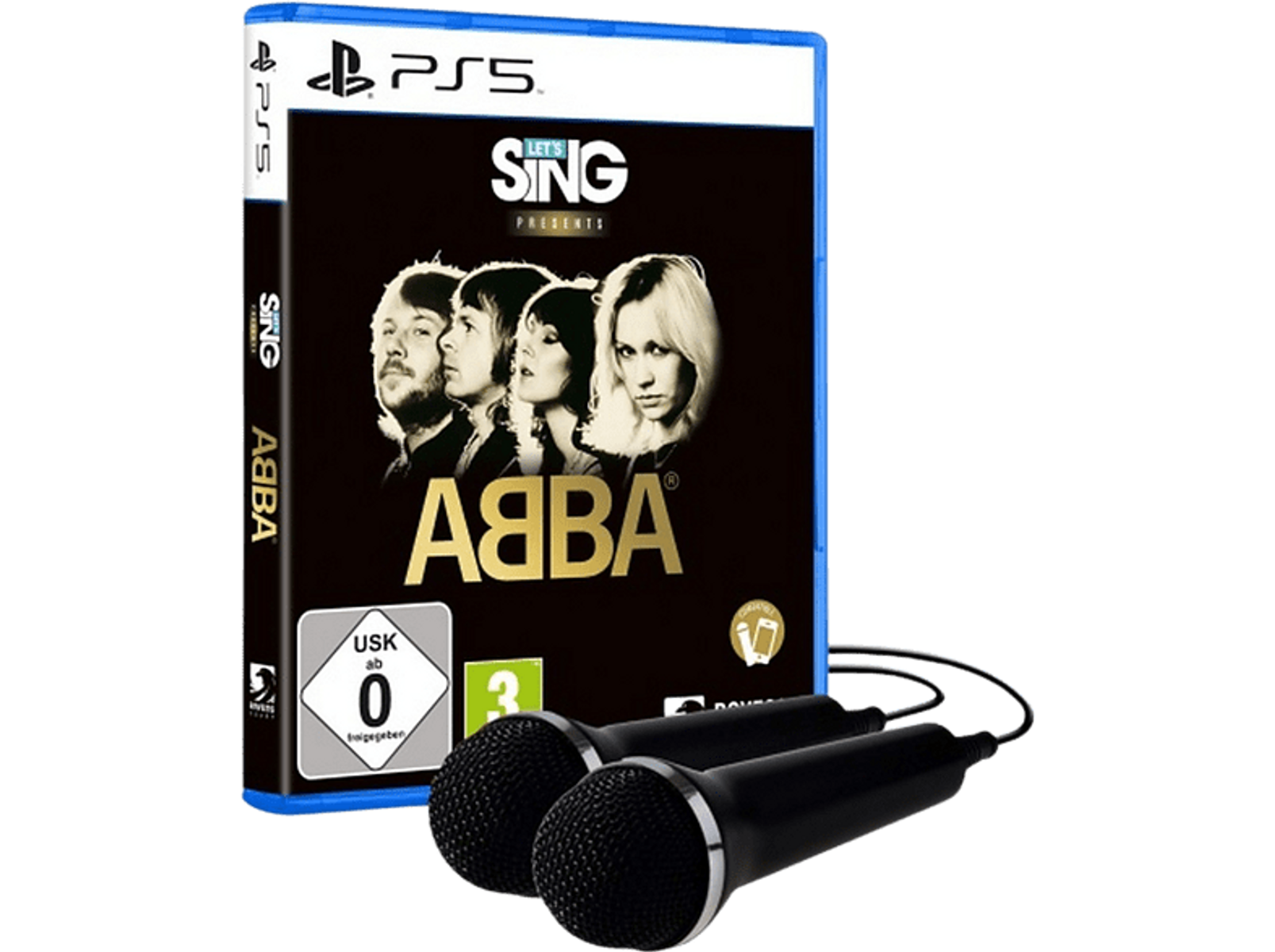Pudełko z grą 'Let's Sing Presents ABBA' na PS5, z członkami ABBA na okładce i dwoma mikrofonami.