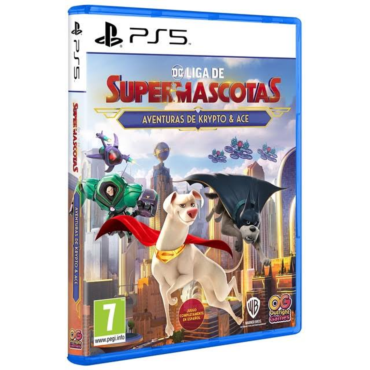 Copertina del gioco DC League of Super-Pets. Mostra Supercane, Ace e robot volanti su una custodia blu.