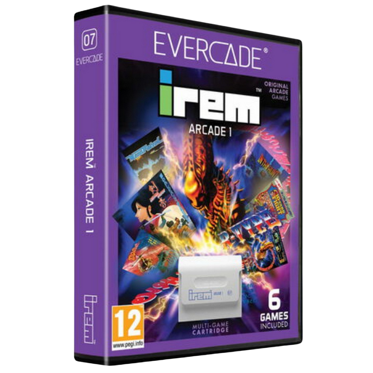 Pudełko z kartridżem do gry Evercade Irem Arcade 1. Zawiera kilka okładek gier arkadowych.