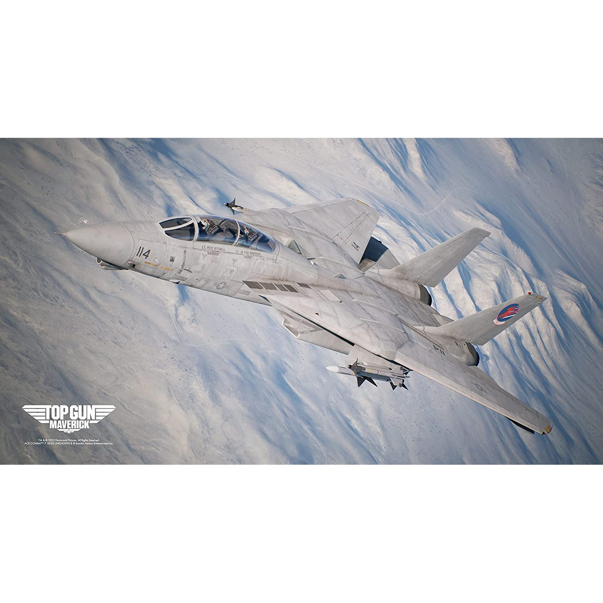 Myśliwiec F-14 Tomcat w locie, szary i biały, tło pustynne, z logo Top Gun Maverick.