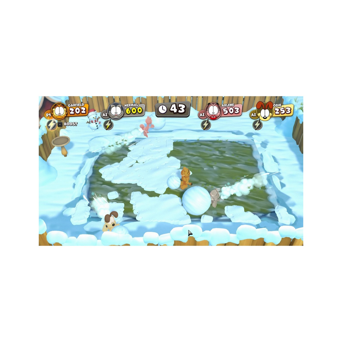 Ekran gry Garfield, z postaciami na zaśnieżonej arenie, rzucającymi w siebie śnieżkami.