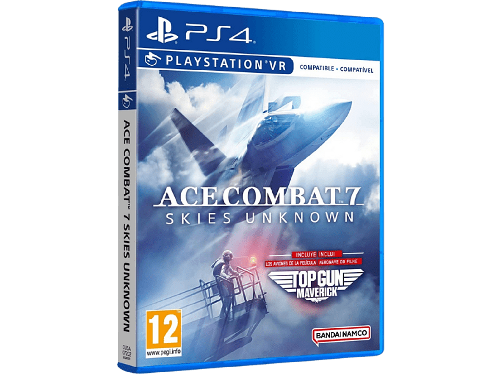 Pudełko z grą, Ace Combat 7, odrzutowiec, tło nieba. Loga PS4, VR kompatybilne i Top Gun Maverick.