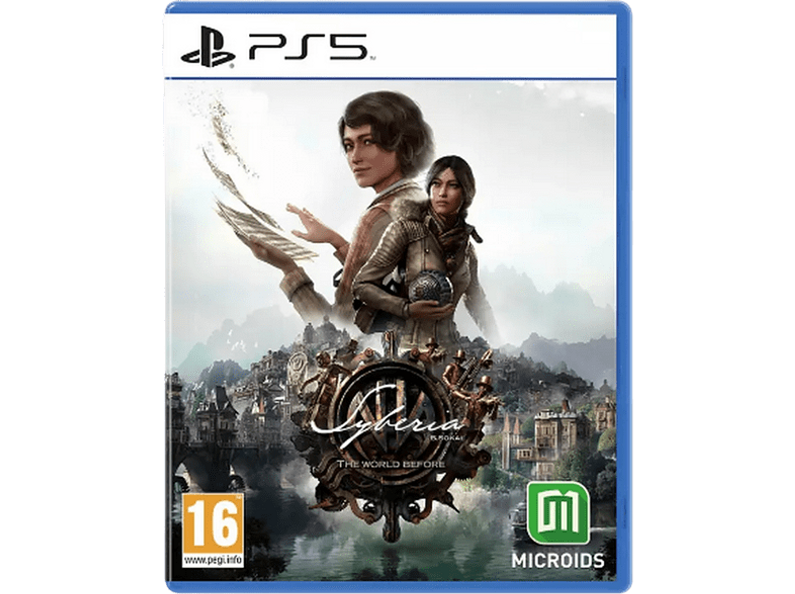 Okładka gry: Syberia: The World Before, dwie kobiety, miasto w tle, logo PS5, ocena 16.