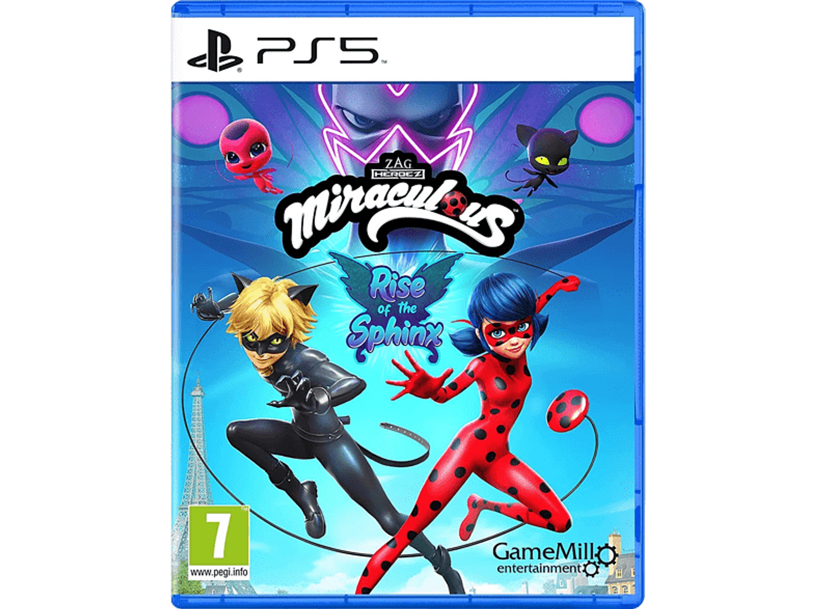 Copertina del gioco PS5: Miraculous: Rise of the Sphinx. Personaggi dello show e una sfinge.