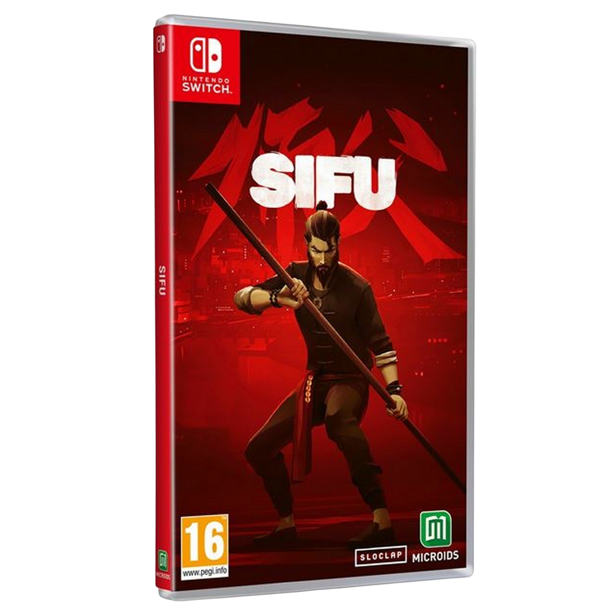 Copertina del gioco SIFU. Un uomo con un bastone è pronto. Logo Nintendo Switch in alto a sinistra.