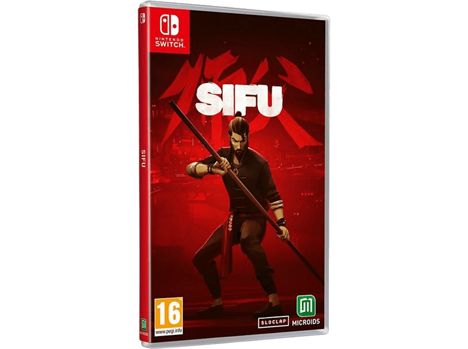 Una custodia di gioco per Sifu su Nintendo Switch. La copertina mostra un uomo con un bastone su sfondo rosso.