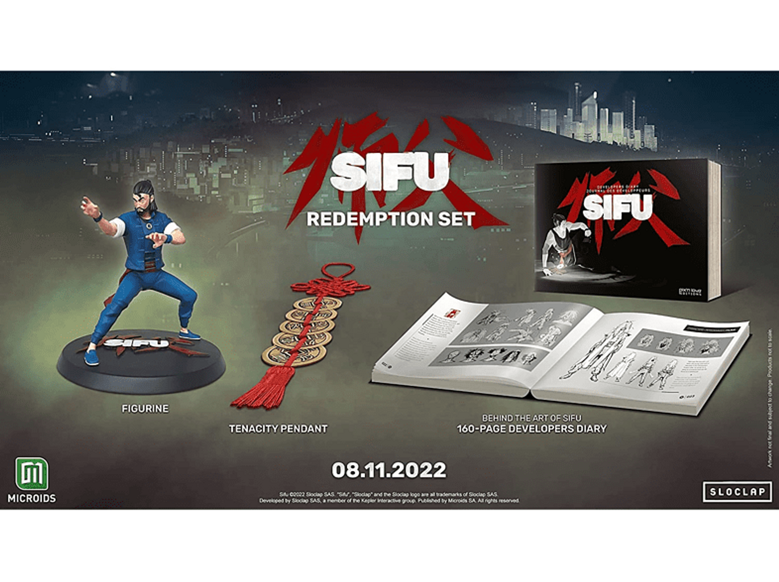 Set Redemption di Sifu. Statuetta, ciondolo, libro e diario dello sviluppatore, tutto su un tavolo.