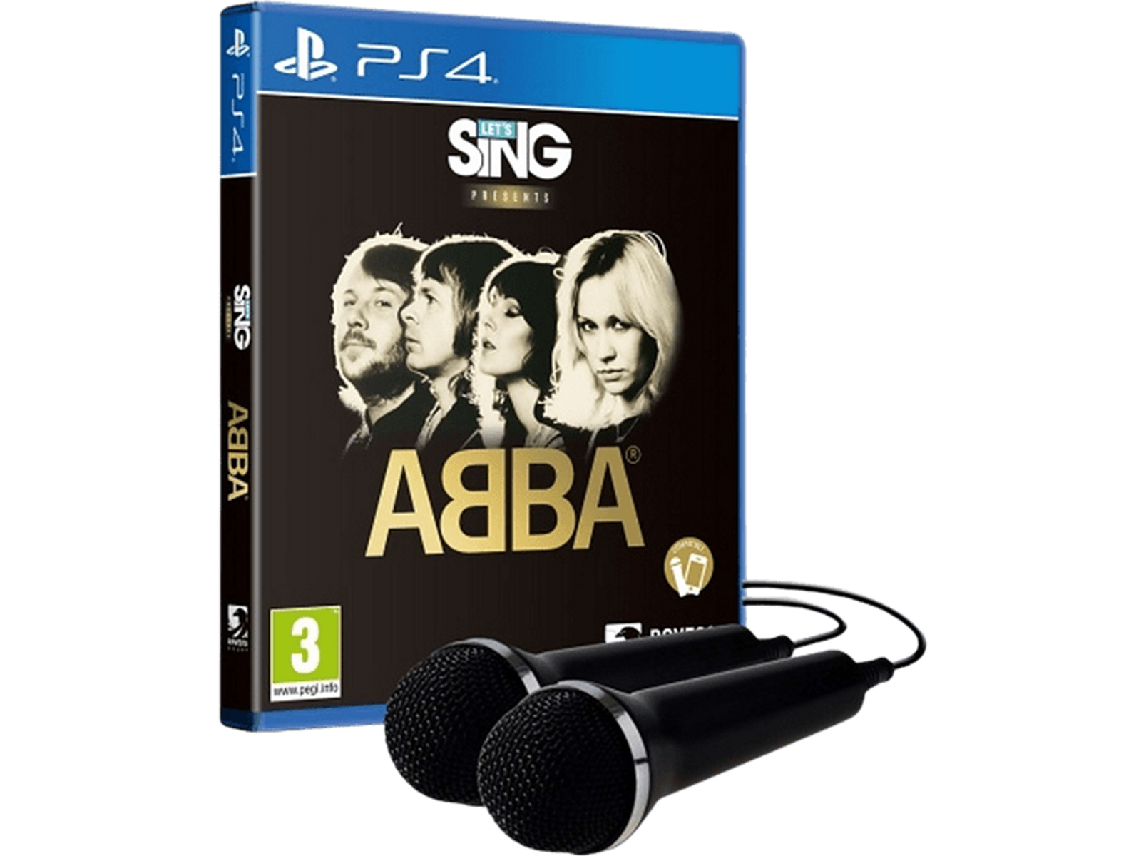 Pudełko z grą Let's Sing Presents ABBA z dwoma mikrofonami obok.