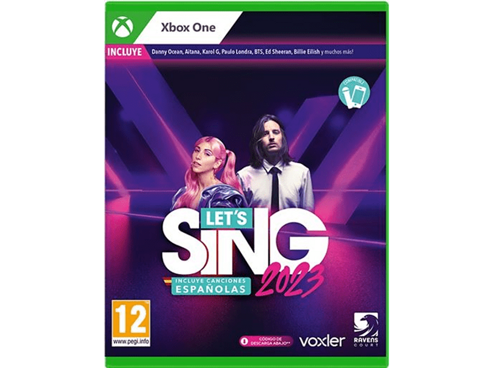 Okładka gry Let's Sing 2023. Przedstawia dwóch piosenkarzy i fioletowo-różowe tło. Dla Xbox One.