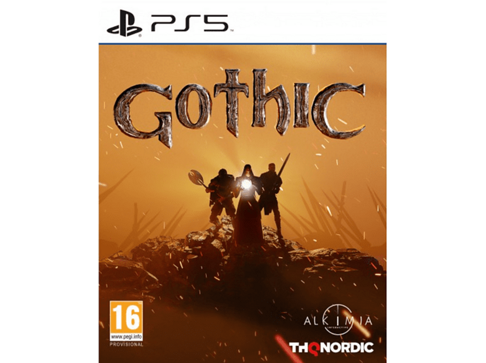 Spiel-Cover. Charaktere mit Schwertern und Fackel. Titel: Gothic. Brennender Hintergrund.