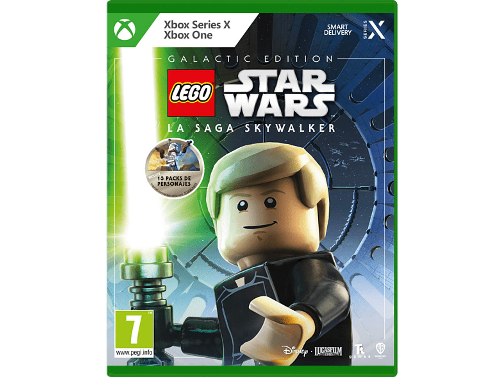 Okładka gry Lego Star Wars Galactic Edition, Xbox Series X/One, z figurką Lego Luke Skywalker.