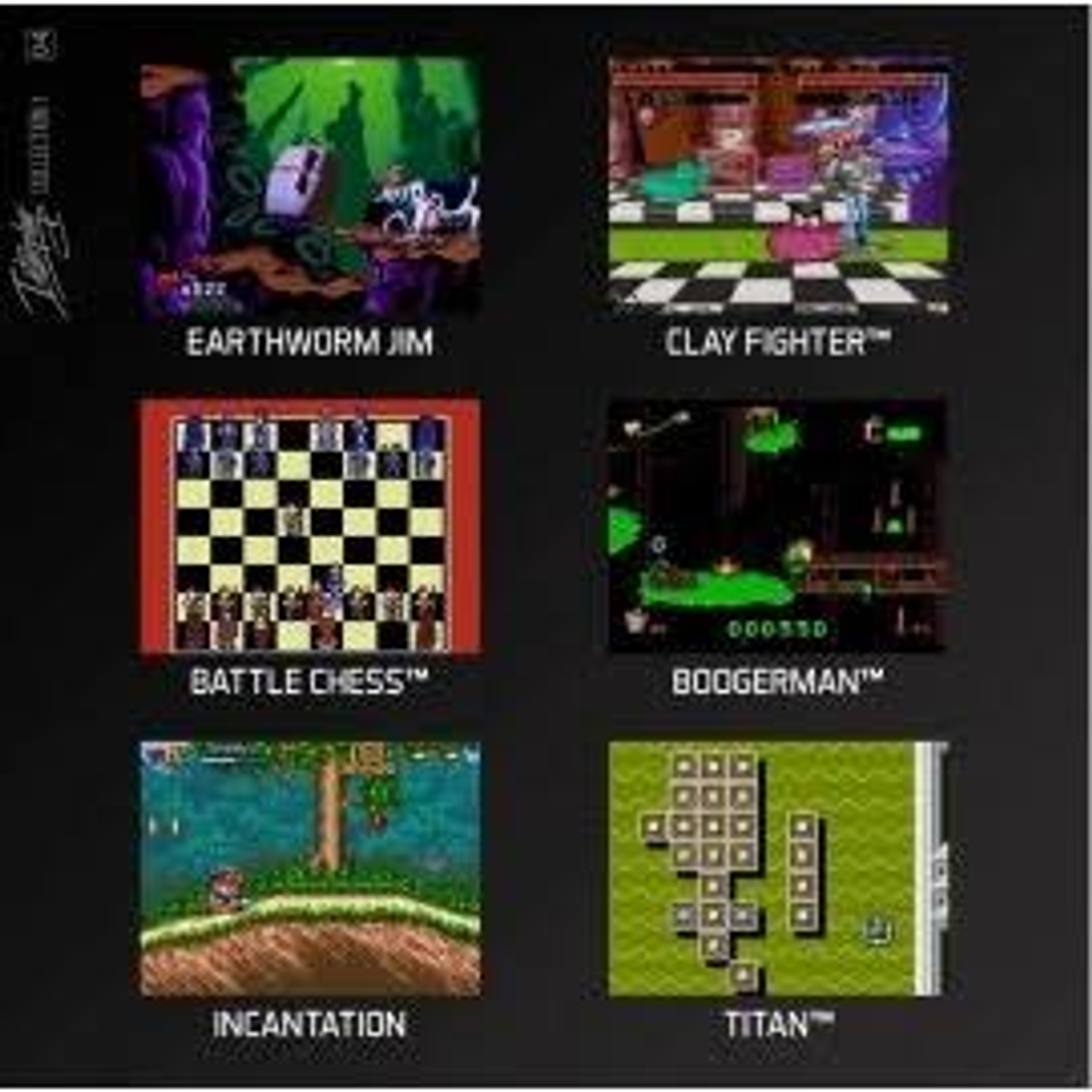 Un collage di sei schermate di videogiochi retrò: Earthworm Jim, Clay Fighter, Battle Chess, Boogerman, Incantation e Titan.