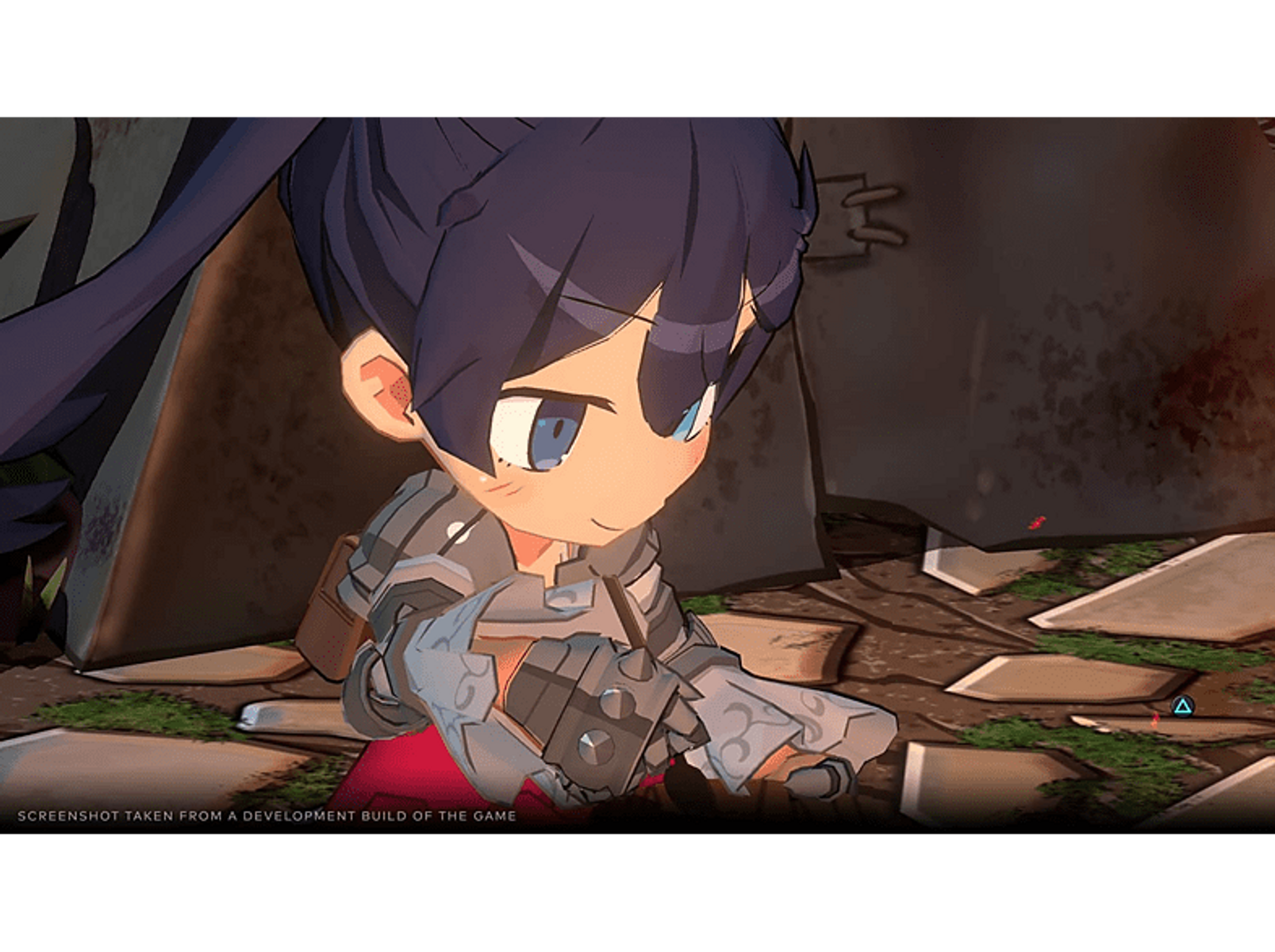 Personaggio in stile anime con un'arma, che guarda in basso, in un ambiente distrutto.