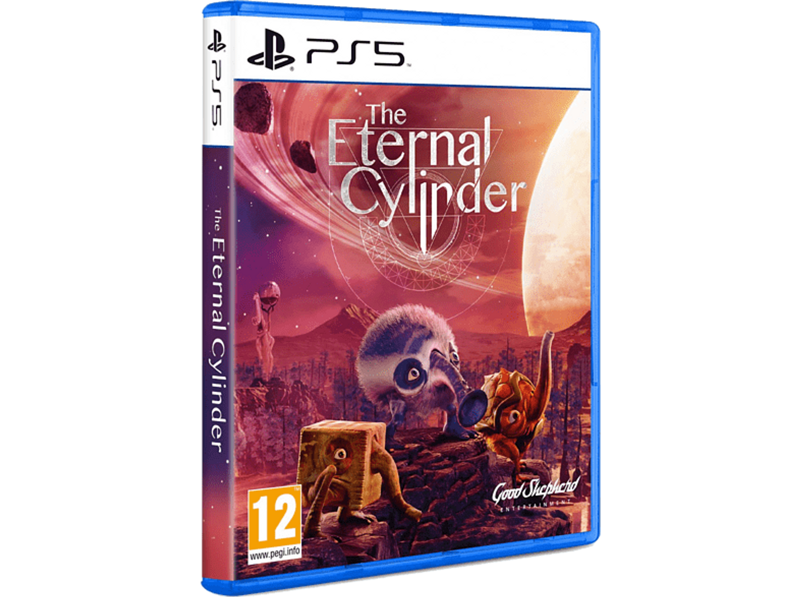 Spelbox voor 'The Eternal Cylinder'. Toont buitenaardse wezens, planeten, een cilinder en het PS5-logo.