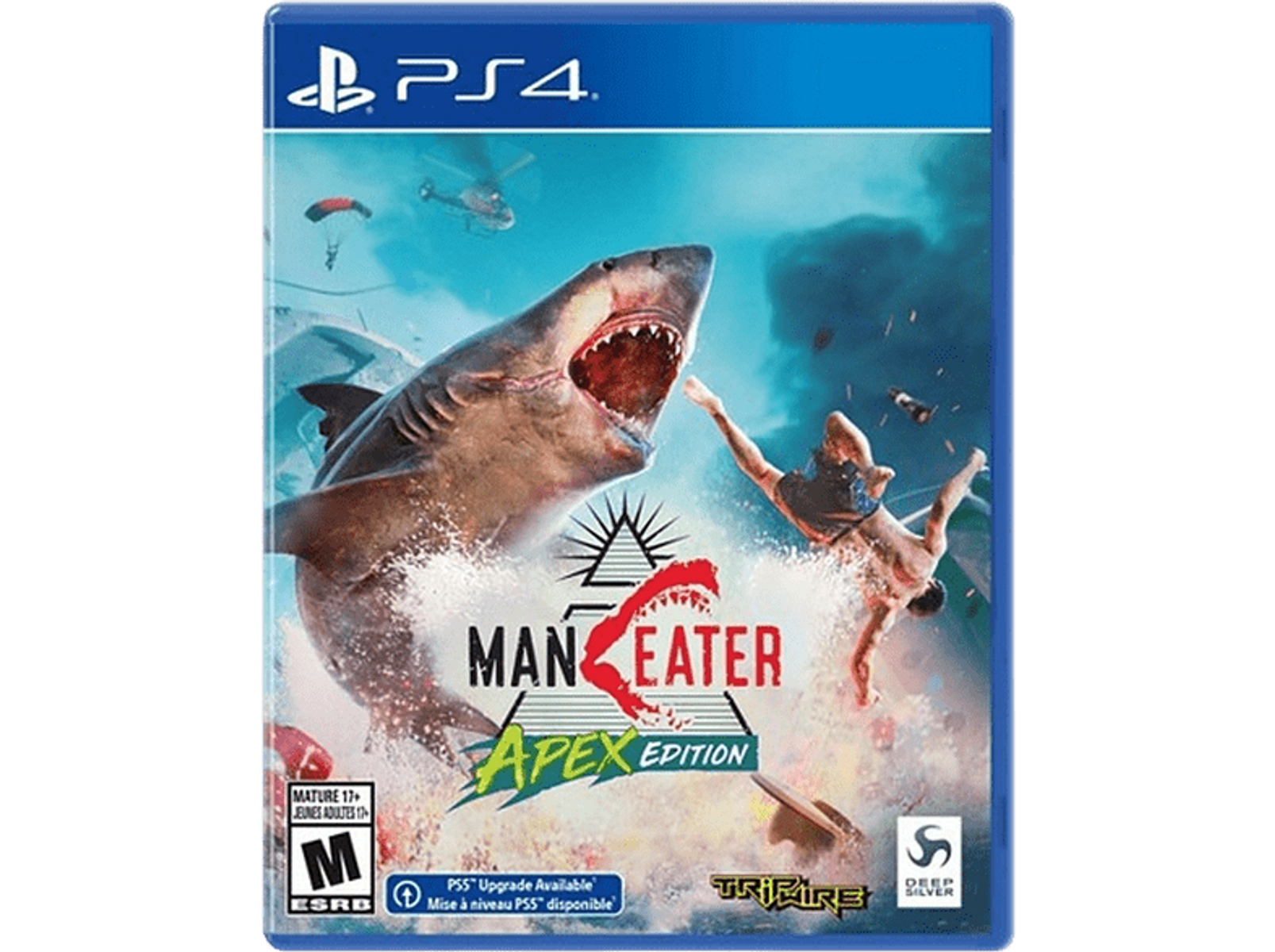 Custodia del gioco per Maneater: Apex Edition su PS4, con uno squalo che attacca un uomo in acqua.