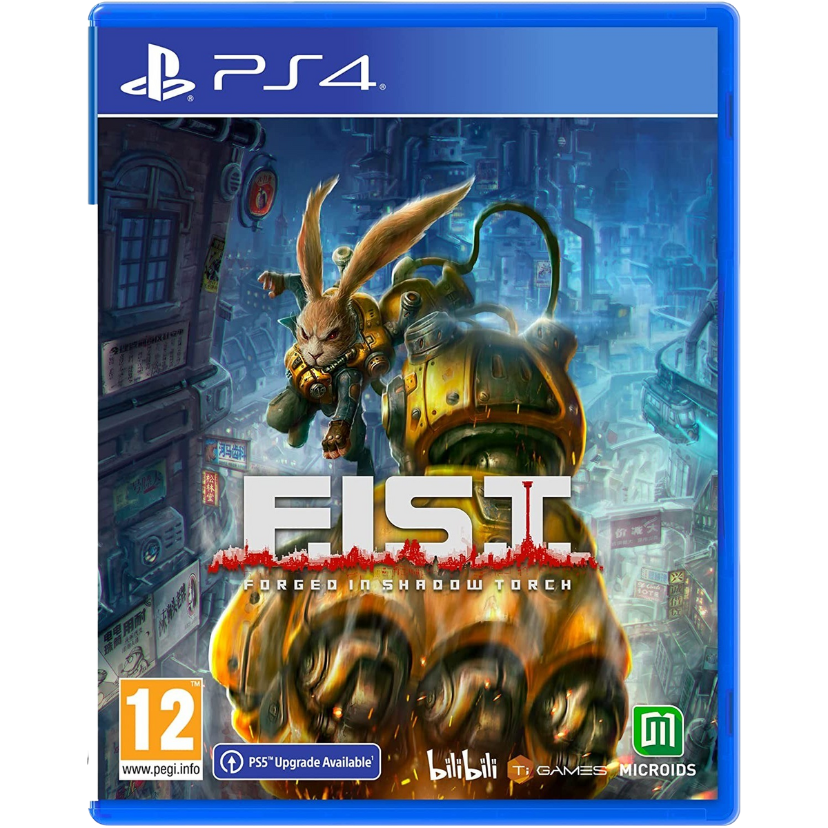 Okładka gry FIST: Forged in Shadow Torch na PS4. Królik walczy z gigantyczną pięścią w mieście.