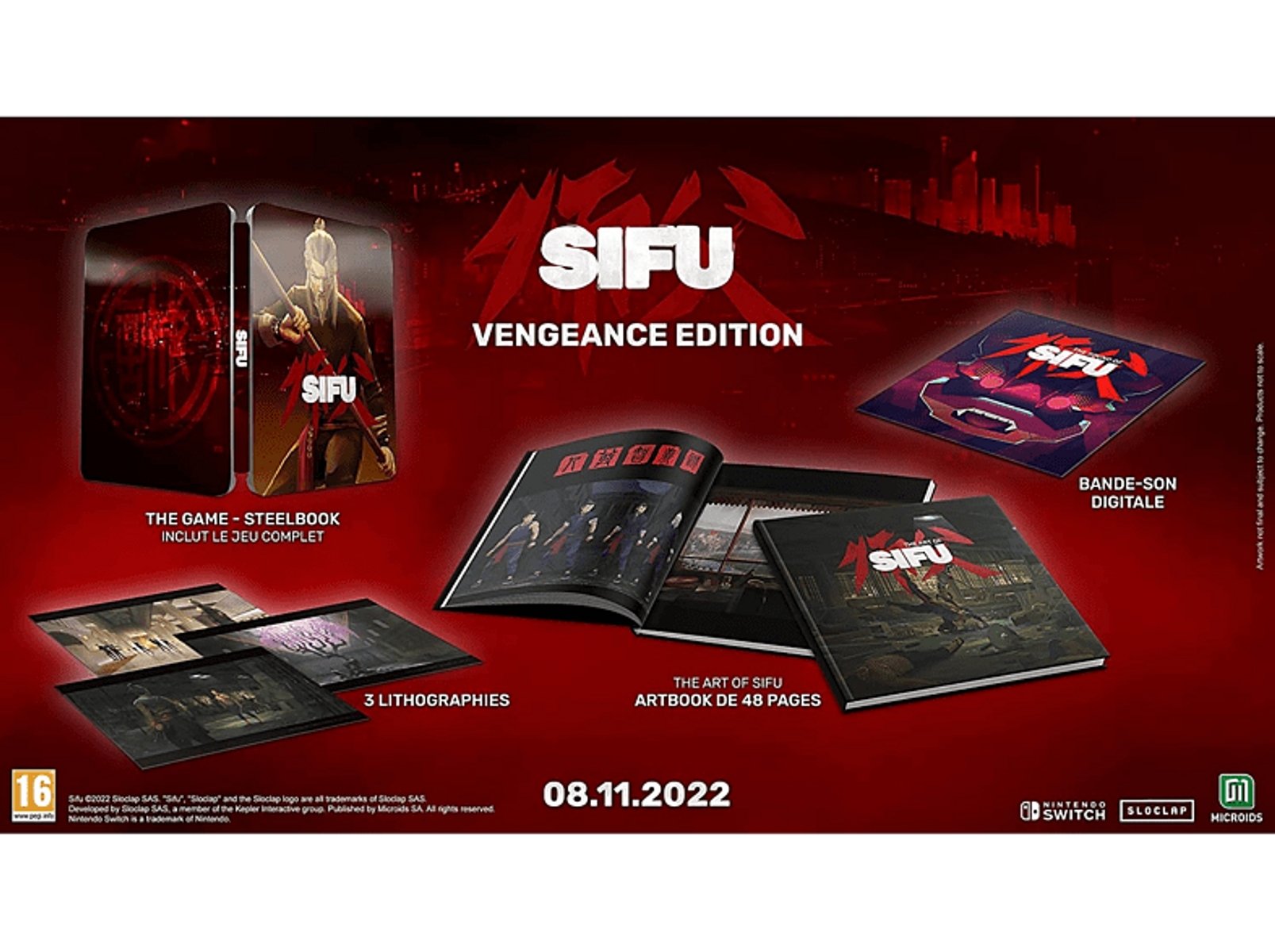 Zawartość gry Sifu Vengeance Edition: steelbook, artbook i inne materiały do gry.