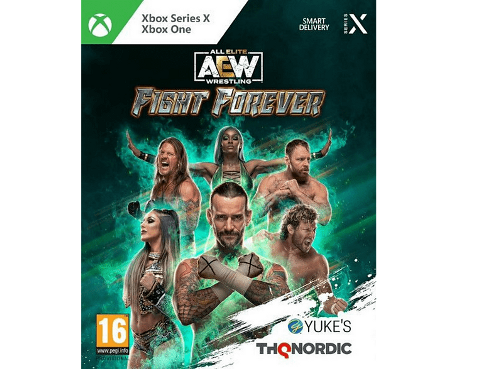 Okładka gry AEW Fight Forever. Zapaśnicy w akcji. Widoczne logo Xbox Series X i Xbox One.