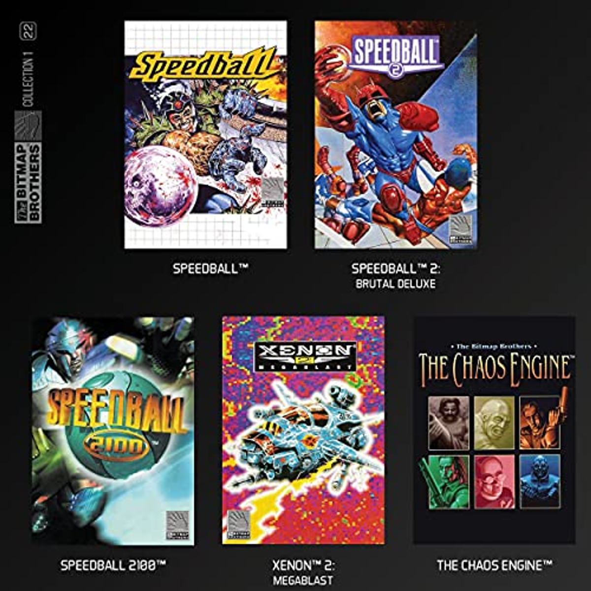 Kolekcja okładek gier Speedball, od oryginału do Speedball 2: Brutal Deluxe.