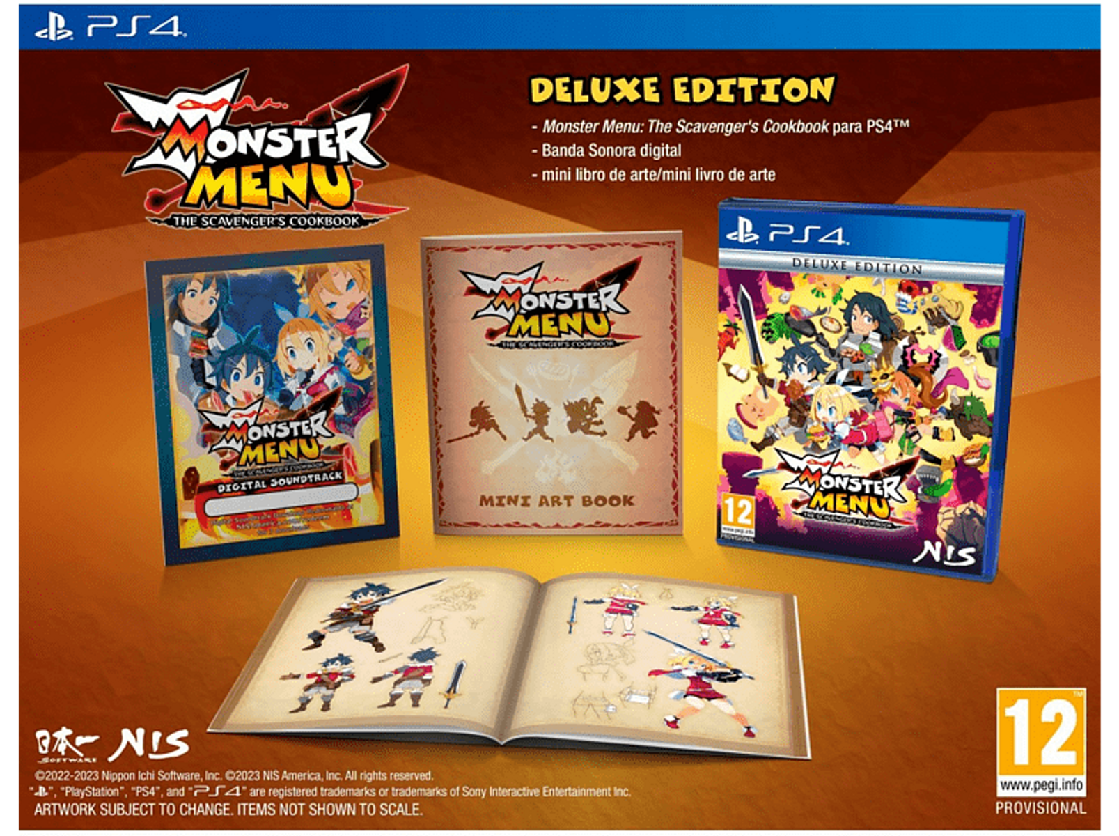 Múltiples artículos para el juego 'Monster Menu'. Incluye cajas de juego, una banda sonora y un minilibro de arte.