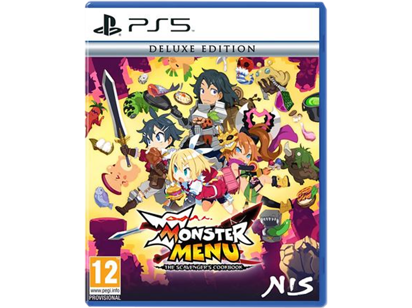 Scatola del gioco: Monster Menu, personaggi dei cartoni animati con cibo e una spada.