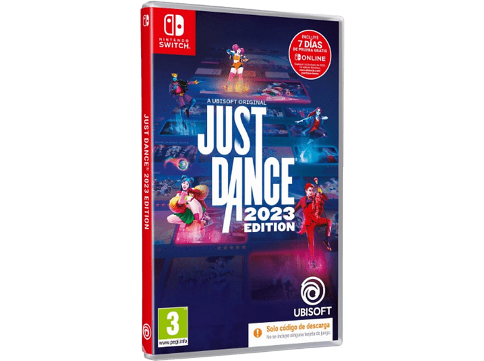 Caja del juego: Just Dance 2023 Edition, bailarines coloridos, logo Nintendo Switch.