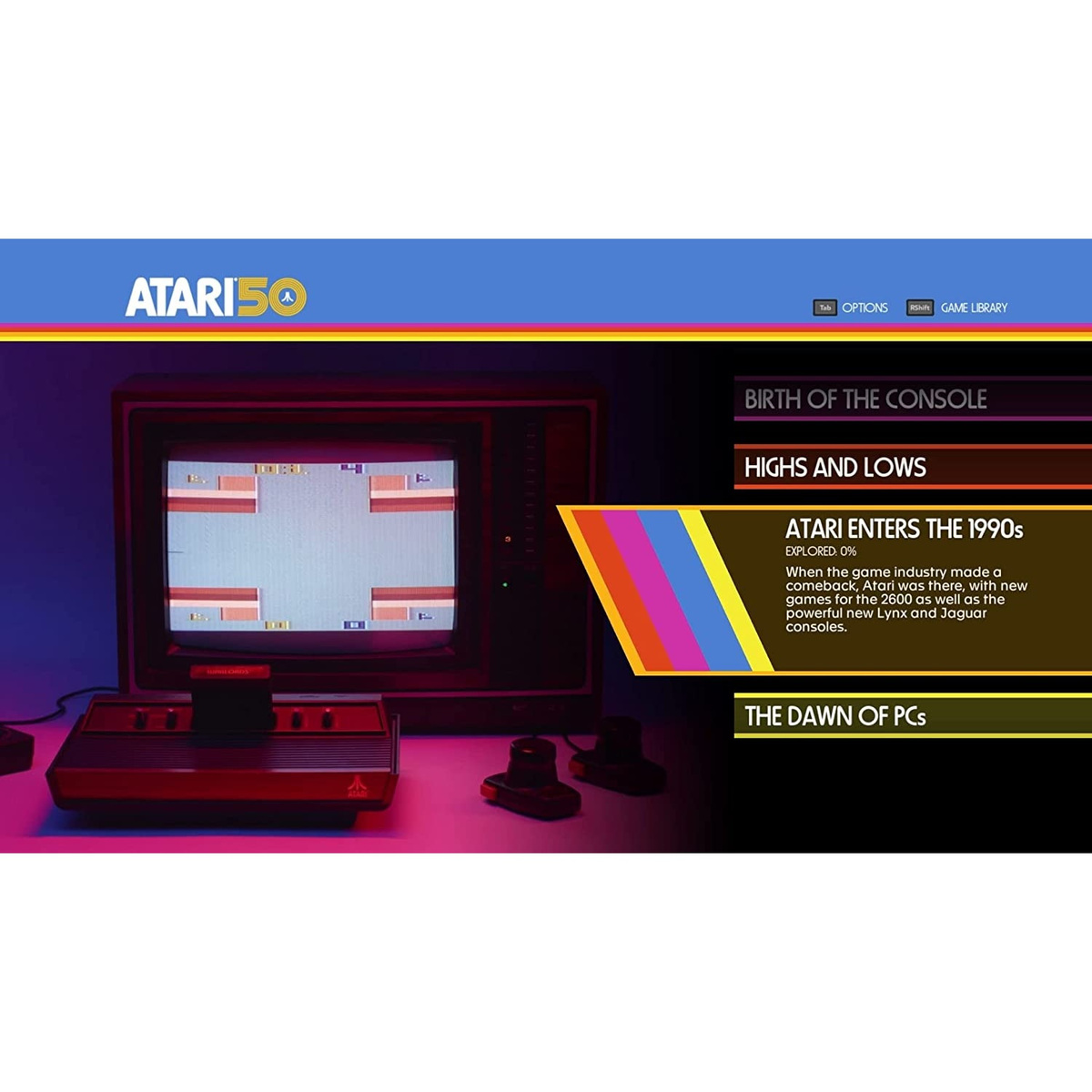 Ekran Atari 50. Wyświetlacz pokazujący grę arkadową, konsolę i tekst o historii gier.