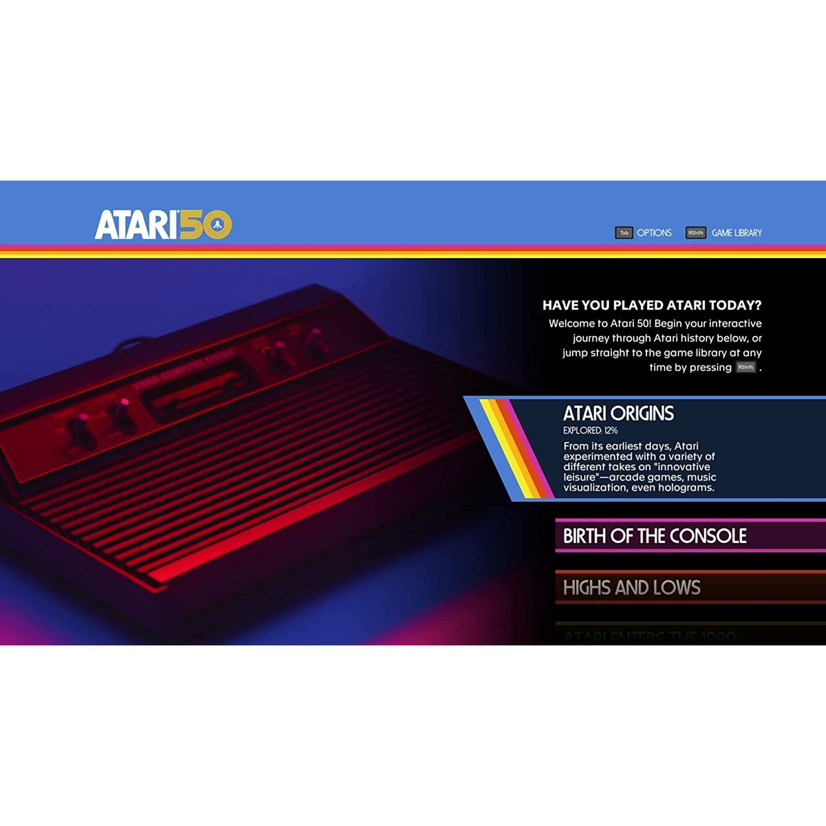 Strona internetowa Atari50, z biblioteką gier i opcjami, prezentująca konsolę retro.