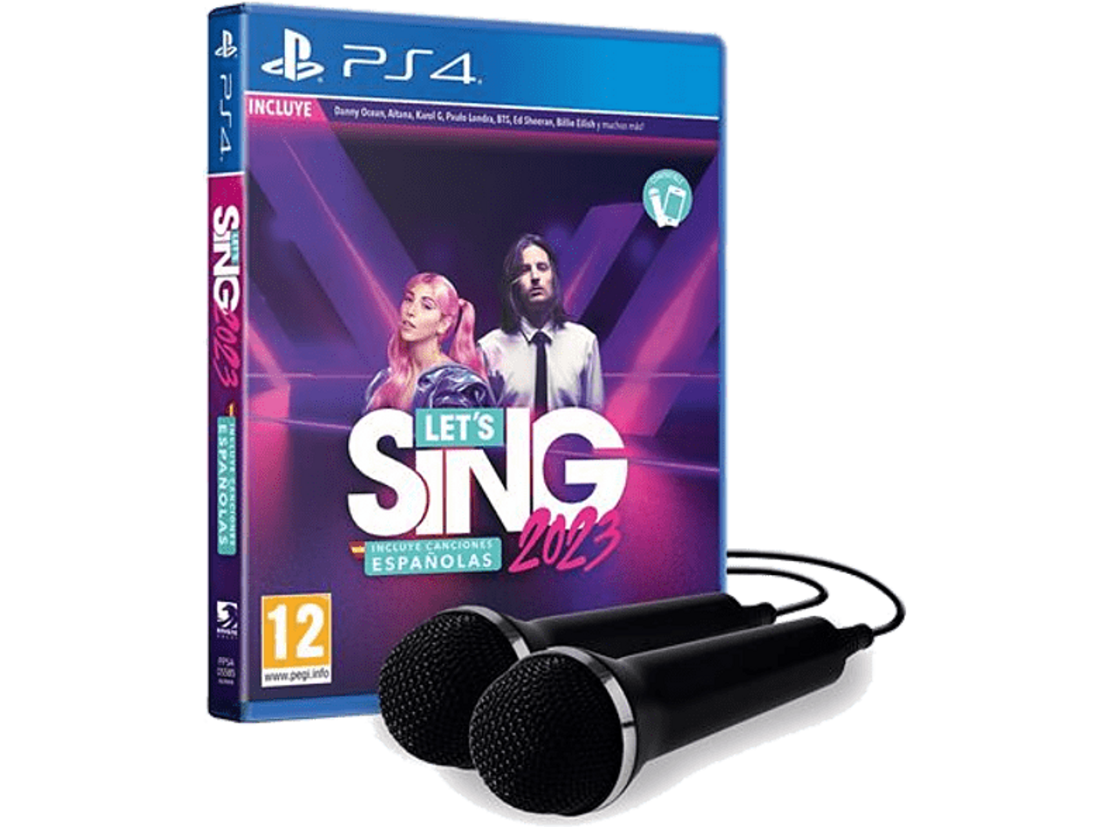Caja del juego Let's Sing 2023 con dos micrófonos. Presenta la portada con dos cantantes y el título del juego.
