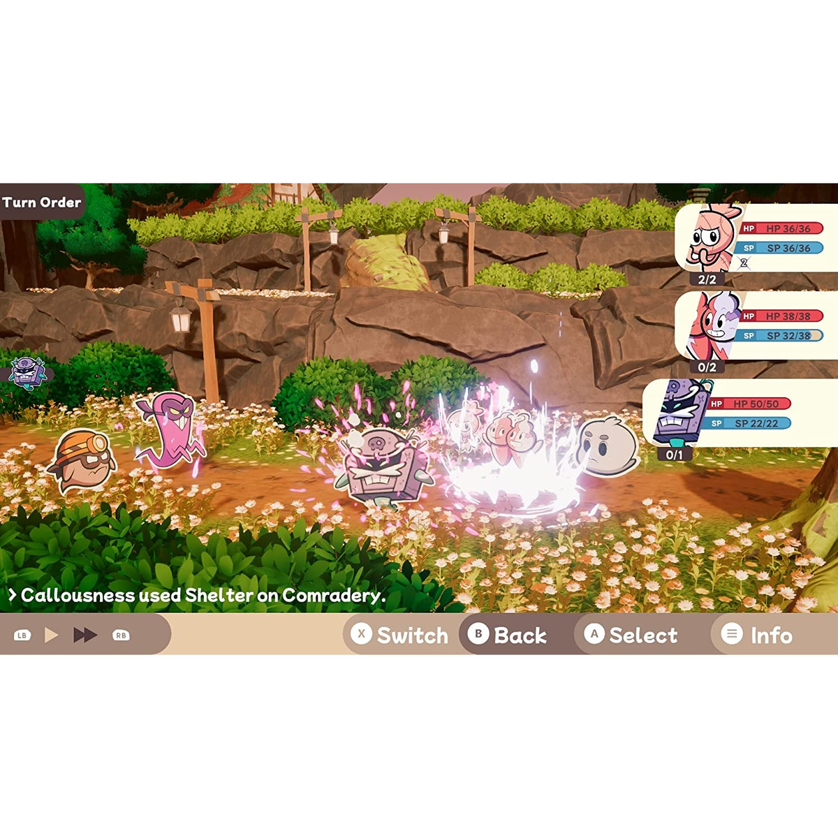 Una escena de juego con personajes animados en un campo, se muestran acciones de combate.