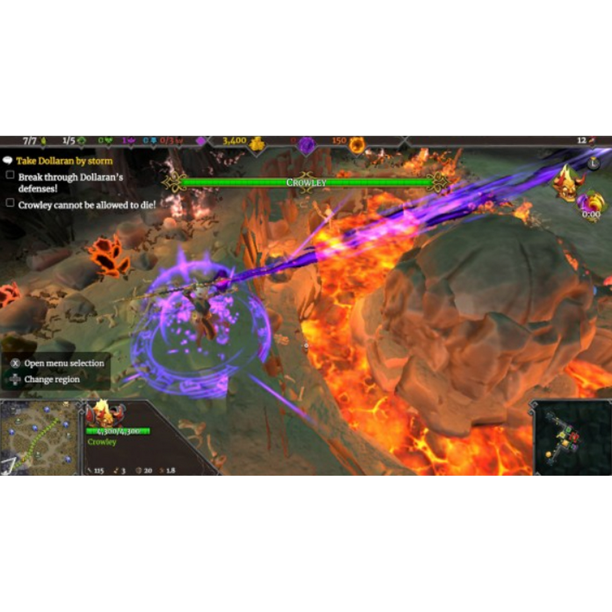 Uno schermo di gioco mostra una battaglia con un raggio di energia viola e lava. Nome Crowley.