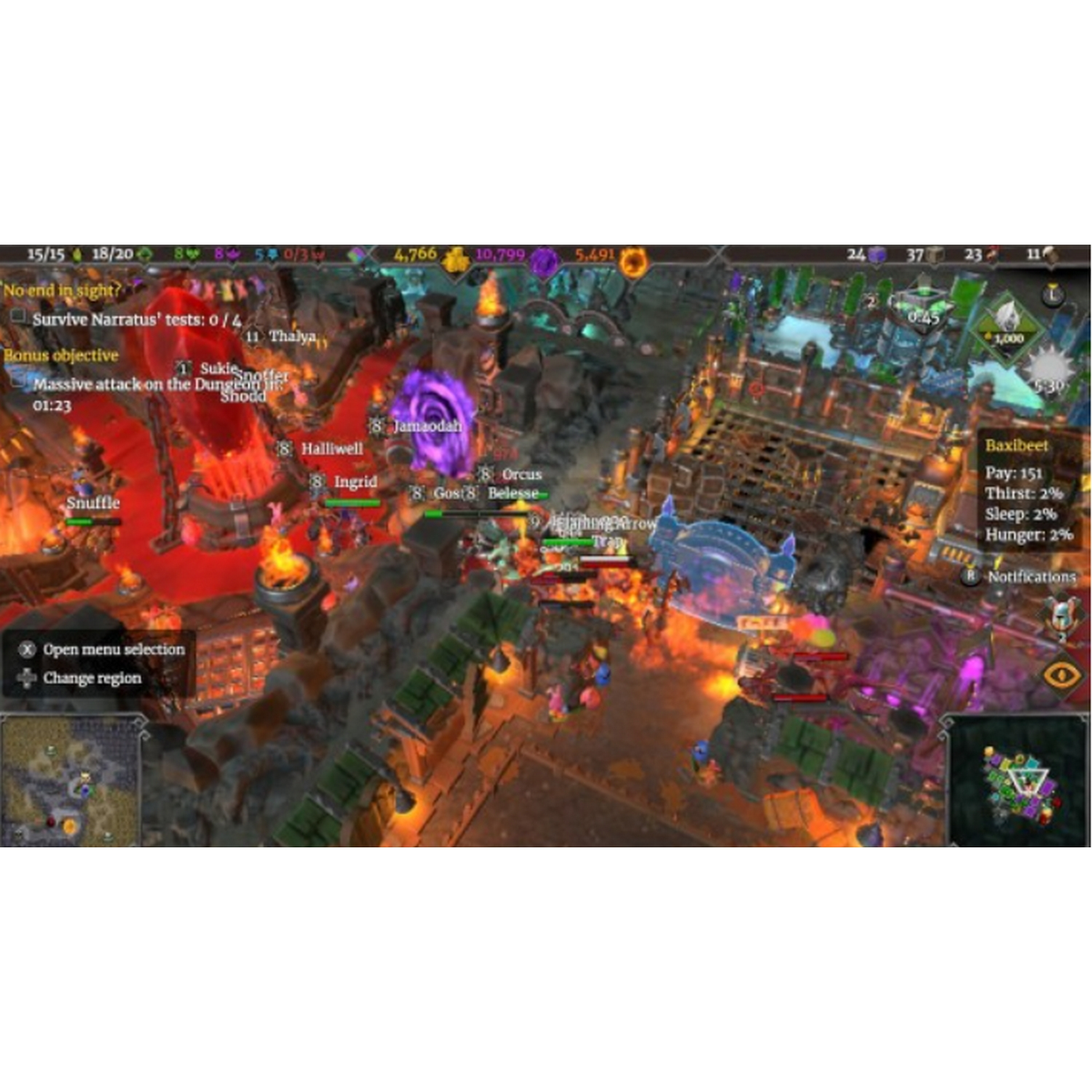 Vista dall'alto di un gioco con varie strutture, unità e indicatori. Sono visibili un portale e delle fiamme.