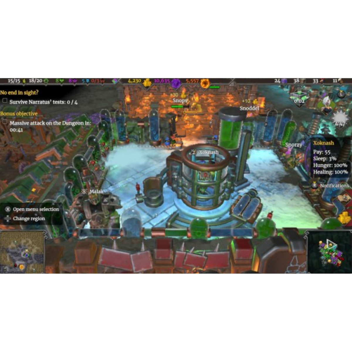 Un'interfaccia di gioco con una vista dall'alto di un dungeon, che mostra risorse e statistiche di gioco.