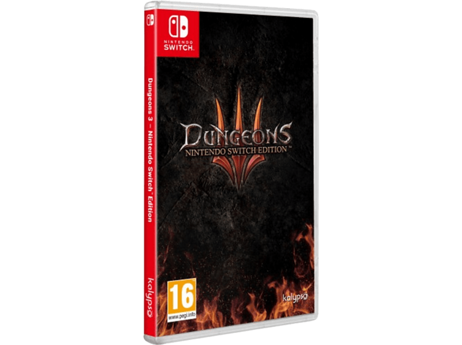 Scatola del gioco Dungeons 3. Dorso rosso, copertina scura con logo. Etichetta Nintendo Switch Edition.