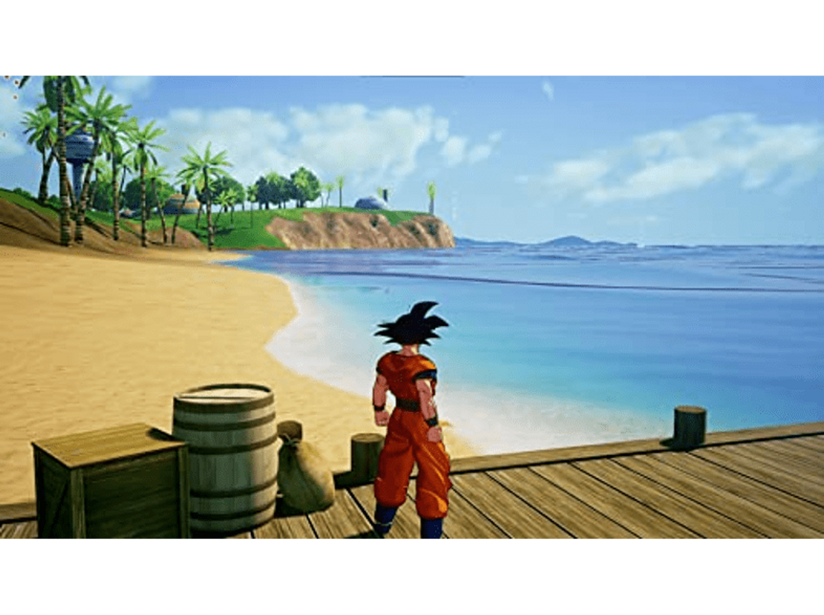 Goku w pomarańczowym gi na molo, twarzą do oceanu, z piaszczystą plażą i palmami w tle.