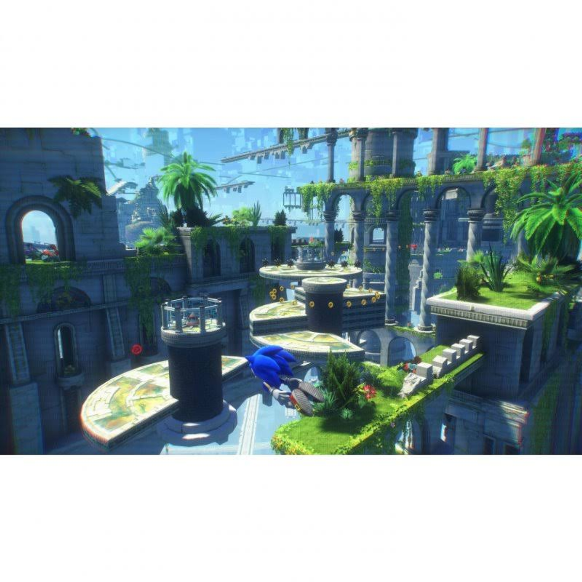 Sonic the Hedgehog corriendo en una ciudad futurista con arcos, entorno azul y verde.