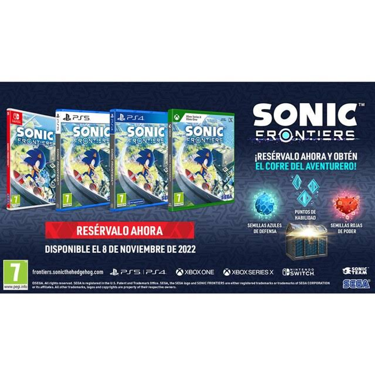 Pudełka z grą Sonic Frontiers na różne konsole. Sonic biegnie, z elementami tematycznymi z gry.