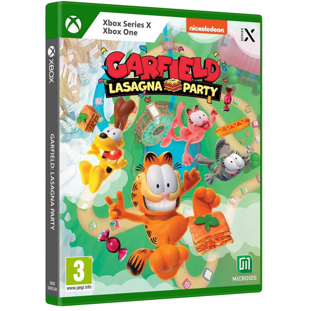 Pudełko z grą Garfield Lasagna Party z postaciami z kreskówek i logo Xbox.